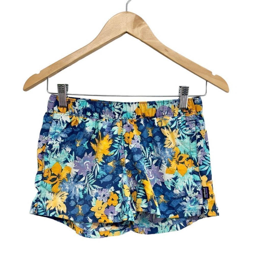 Patagonia Women's Floral Blue and Yellow Shorts